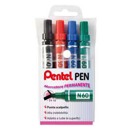 MARCATORE PERMANENTE N60 - PUNTA A SCALPELLO  3,90 - 5,7 MM - ASTUCCIO 4 COLORI ASSORTITI  - PENTEL 70897