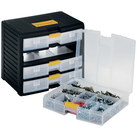 CASSETTIERA PORTAUTENSILI MODULARE - 4 CASSETTI - CON MANIGLIA - 39,1 X 29 X 33,4 CM - PPL - TRASPARENTE/NERO - STORE-AGE 101102