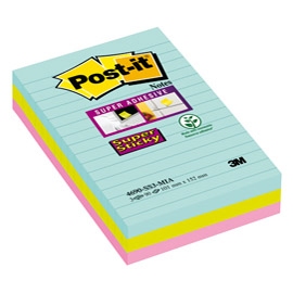 BLOCCO FOGLIETTI POST IT  SUPER STICKY - A RIGHE - COLORI MIAMI - 101 X 152MM - 90 FOGLI - POST IT 94360