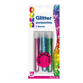 GLITTER GRANA FINE - 12 ML - COLORI ASSORTITI OLOGRAFICI - DECO - BLISTER 3 FLACONI 82414