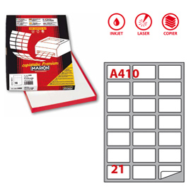 ETICHETTA ADESIVA A410 - PERMANENTE - 63,5X38,1 MM - 21 ETICHETTE PER FOGLIO - BIANCO - MARKIN - SCATOLA 100 FOGLI A4 32445