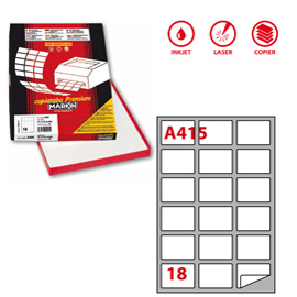 ETICHETTA ADESIVA A415 - PERMANENTE - 63,5X46,6 MM - 18 ETICHETTE PER FOGLIO - BIANCO - MARKIN - SCATOLA 100 FOGLI A4 32447