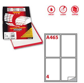 ETICHETTA ADESIVA A465 - PERMANENTE - 139X99,1 MM - 4 ETICHETTE PER FOGLIO - BIANCO - MARKIN - SCATOLA 100 FOGLI A4 32458