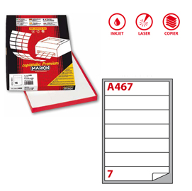 ETICHETTA ADESIVA A467 - PERMANENTE - 190X38 MM - 7 ETICHETTE PER FOGLIO - BIANCO - MARKIN - SCATOLA 100 FOGLI A4 49048
