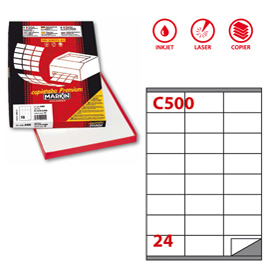 ETICHETTA ADESIVA RIMOVIBILE C500 - PERMANENTE - 70X36 MM - 24 ETICHETTE PER FOGLIO - BIANCO - MARKIN - SCATOLA 100 FOGLI A4 45433