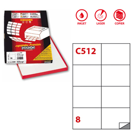 ETICHETTA ADESIVA C512 - PERMANENTE - 105X74 MM - 8 ETICHETTE PER FOGLIO - BIANCO - MARKIN - SCATOLA 100 FOGLI A4 31159