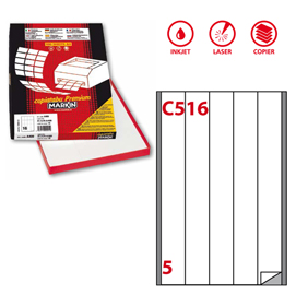 ETICHETTA ADESIVA C516 - PERMANENTE - 40X297 MM - 5 ETICHETTE PER FOGLIO - BIANCO - MARKIN - SCATOLA 100 FOGLI A4 31145