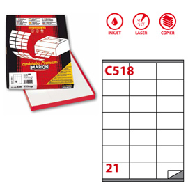 ETICHETTA ADESIVA C518 - PERMANENTE - 70X40 MM - 21 ETICHETTA PER FOGLIO - BIANCO - MARKIN - SCATOLA 100 FOGLI A4 31126