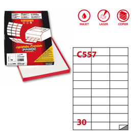 ETICHETTA ADESIVA C557 - PERMANENTE - 70X29,7 MM - 30 ETICHETTE PER FOGLIO - BIANCO - MARKIN - SCATOLA 100 FOGLI A4 48620