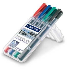 PENNARELLI LUMOCOLOR PERMANENT DUO 348 - UNA PUNTA 0,6MM - UNA PUNTA 1,5MM - ASTUCCIO 4 COLORI - STAEDTLER 57749
