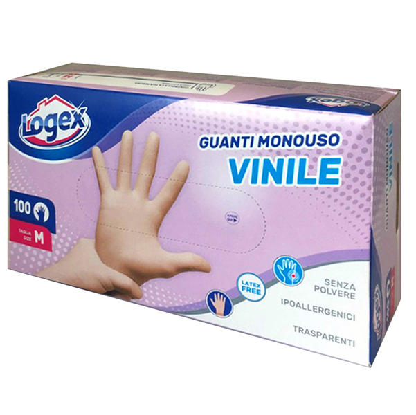 GUANTI MONOUSO IN VINILE NON TALCATO - TG. M - LOGEX PROFESSIONAL - SCATOLA 100 PEZZI 91329