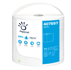 BOBINA ASCIUGATUTTO DRY TECH - 2 VELI - DIAMETRO 25 CM - 23,4 CM X 152 MT -  400 STRAPPI - FINITURA LISCIA - BIANCO - PAPERNET - CONF. 3 PEZZI 80147