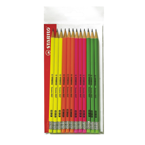 4907-12 MATITA IN GRAFITE SWANO FLUO - GRADAZIONE HB - CON GOMMINO - FUSTO IN 4 COLORI FLUO - STABILO - CONF. 12 PEZZI 52887