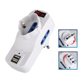 ADATTATORE ROTANTE CON INTERRUTTORE - 2 PRESE BIPASSO 2P+T 10-16A + 1 PRESA SCHUKO + 2 PRESE USB - MKC 77580