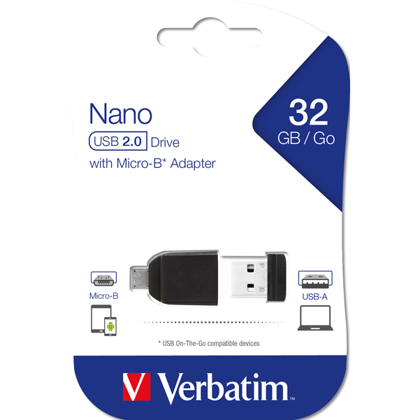 MEMORIA USB2.0 32GB STORE 'N' STAY NANO + OTG MICRO USB ADAPTER VERB49822