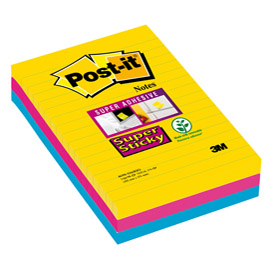 BLOCCO FOGLIETTI POST IT  SUPER STICKY RETTANGOLARI - A RIGHE - COLORI RIO - 101 X 152MM - 90 FOGLI - POST IT 94361