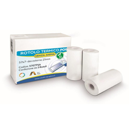 ROTOLO PER POS E CARTE DI CREDITO - CARTA TERMICA BPA FREE - 57 MM X 7 MT - 55 G/M2 - DIAMETRO ESTERNO 25 MM - SENZA ANIMA - ROTOLIFICIO PUGLIESE - BLISTER 3 PEZZI 93453