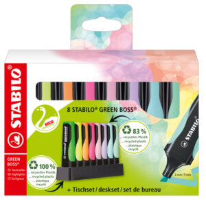 EVIDENZIATORE STABILO  GREEN BOSS  - PUNTA A SCALPELLO - TRATTO 2 - 5MM - COLORI ASSORTITI - STABILO - DESKSET 8 PEZZI 92825