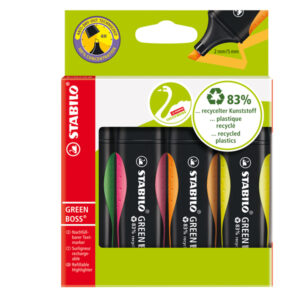 EVIDENZIATORE GREEN BOSS - PUNTA A SCALPELLO - TRATTO DA 2,0-5,0MM  - ASTUCCIO 4 COLORI ASSORTITI - 83 PLASTICA RICICLATA - STABILO 73396