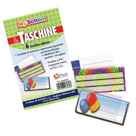 SET 6 TASCHINE ADESIVE C/CARTONCINO PORTANOME 8,2X5,2CM RI.PLAST 99976