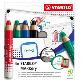 ASTUCCIO 4 MATITONI PER LAVAGNE STABILO MARKDRY + TEMPERINO + PANNO MICROFIBRA 100529