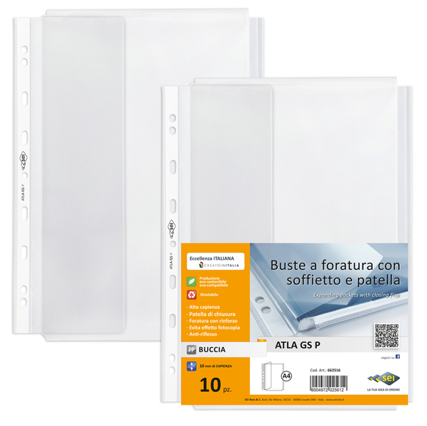 BUSTE FORATE CON SOFFIETTO E PATELLA - A4 - TRASPARENTE BUCCIA - SEI ROTA - CONF. 10 PEZZI 89404
