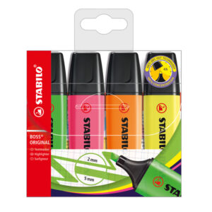 EVIDENZIATORE STABILO BOSS ORIGINAL  - PUNTA A SCALPELLO - TRATTO DA 2,0 MM - 5,0MM - COLORI ASSORTITI - STABILO - ASTUCCIO 4 PEZZI 27688