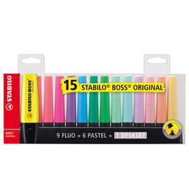 EVIDENZIATORE BOSS ORIGINAL  - PUNTA A SCALPELLO - TRATTO DA 2,00 - 5,00 MM - COLORI ASSORTITI - STABILO - DESKSET 15 PEZZI 83119
