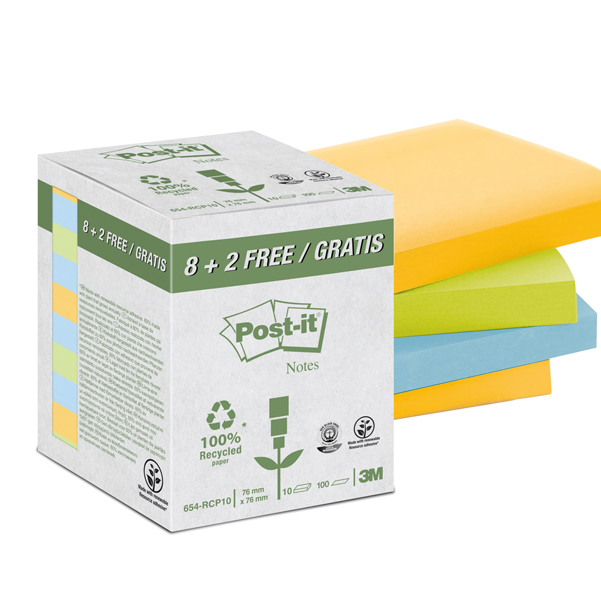 BLOCCO POST IT  - ASSORTITI PASTELLO - 76 X 76MM - 100 FOGLI - CARTA RICICLATA - POST IT  - CONF. 10 BLOCCHI 94381