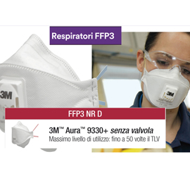 MASCHERINA AURA 9330+ FFP3 - SENZA VALVOLA - MONOUSO - 3M - CONF. 20 PEZZI (IMBUSTATI SINGOLARMENTE) 79844