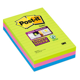 BLOCCO FOGLIETTI POST IT  SUPER STICKY RETTANGOLARI - A RIGHE - COLORI ULTRA - 101 X 152MM - 90 FOGLI - POST IT 77356