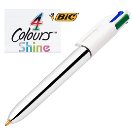 PENNA A SFERA A SCATTO MULTIFUNZIONE 4 COLORS SHINE SILVER - PUNTA 1,0MM - NERO, BLU, ROSSO, VERDE  - BIC - CONF. 12 PEZZI 79890