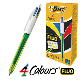 PENNA A SFERA A SCATTO MULTIFUNZIONE 4 COLORS FLUO  - PUNTA 1,0-1,6MM - 4 COLORI FLUO - FUSTO GIALLO FLUORESCENTE - BIC - CONF. 12 PEZZI 79888