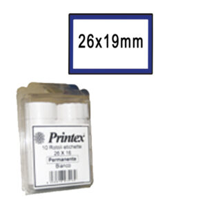 ROTOLO DA 600 ETICHETTE PER PRINTEX Z 17 - 26X19 MM - ADESIVO PERMANENTE - BIANCO - CORNICE BLU - PRINTEX - NERO - PACK 10 ROTOLI 74911