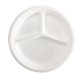 PIATTO A 3 SCOMPARTI MONOUSO - DIAMETRO 26 CM - CANNA DA ZUCCHERO - BIANCO - SIGNOR BIO - CONF. 50 PEZZI 100169