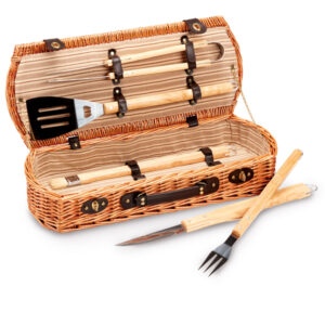 SET BARBECUE 5 ATTREZZI - IN VALIGETTA DI VIMINI - GARDEN FRIEND 91731