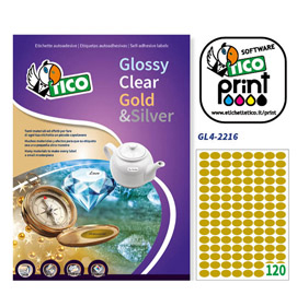 ETICHETTA ADESIVA GL4 - OVALE - PERMANENTE - 22X16 MM - 120 ETICHETTE PER FOGLIO - SATINATA ORO - TICO - CONF. 100 FOGLI A4 65016