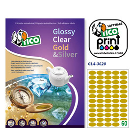 ETICHETTA ADESIVA GL4 - OVALE - PERMANENTE - 36X20 MM - 60 ETICHETTE PER FOGLIO - SATINATA ORO - TICO - CONF. 100 FOGLI A4 83250