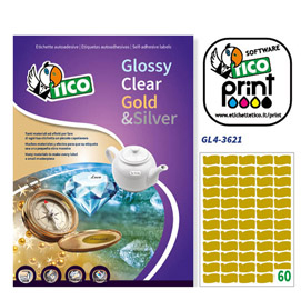 ETICHETTA ADESIVA GL4 - SAGOMATA - PERMANENTE - 36X21 MM - 60 ETICHETTE PER FOGLIO - SATINATA ORO - TICO - CONF. 100 FOGLI A4 65020