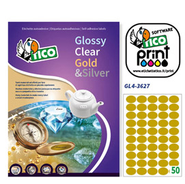 ETICHETTA ADESIVA GL4 - OVALE - PERMANENTE - 36X27 MM - 50 ETICHETTE PER FOGLIO - SATINATA ORO - TICO - CONF. 100 FOGLI A4 65022