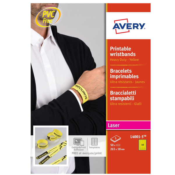 BRACCIALETTI IDENTIFICATIVI STAMPABILI - GIALLO - 5 FOGLI - 10 ET-FG - A4 - AVERY 90134