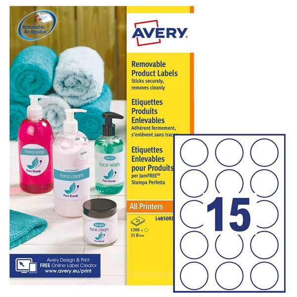 ETICHETTE ADESIVE ROTONDE RIMOVIBILI - D 51 MM - 25 FOGLI (15 ET-FG) - LASER-INKJET - AVERY 91780