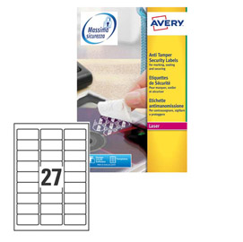 ETICHETTA ADESIVA ANTIMANOMISSIONE L6114 - POLIESTERE - ADATTA A STAMPANTI LASER - PERMANENTE - 63,5X29,6 MM - 27 ETICHETTE PER FOGLIO - BIANCO - AVERY - CONF. 20 FOGLI A4 49700