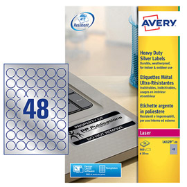 ETICHETTA IN POLIESTERE ADESIVO L6129 - ADATTA A STAMPANTI LASER - DIAMETRO 30 MM - 48 ET/FG - ARGENTO - AVERY - CONF. 20 FOGLI A4 96946