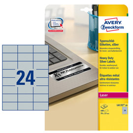 ETICHETTA IN POLIESTERE ADESIVO L6133 - ADATTA A STAMPANTI LASER - 70 X 37 MM - 24 ET/FG - ARGENTO - AVERY - CONF. 20 FOGLI A4 96947
