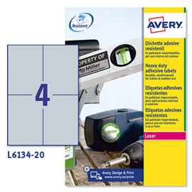 ETICHETTA IN POLIESTERE ADESIVO L6134 - ADATTA A STAMPANTI LASER - 105 X 148 MM - 4 ET/FG - ARGENTO - AVERY - CONF. 20 FOGLI A4 88818