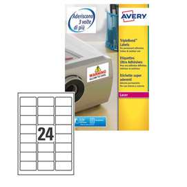 ETICHETTA ADESIVA L6141 - POLIESTERE - ADATTA A STAMPANTI LASER - PERMANENTE - 63,5X33,9 MM - 24 ETICHETTE PER FOGLIO - TRASPARENTE - AVERY - CONF. 20 FOGLI A4 58164