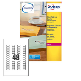 ETICHETTA ADESIVA L7553 - POLIESTERE - ADATTA A STAMPANTI LASER - PERMANENTE - 22X12,7 MM - 48 ETICHETTE PER FOGLIO - TRASPARENTE - AVERY - CONF. 25 FOGLI A4 45210