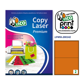 ETICHETTA ADESIVA LP4F  - PERMANENTE - 200X142 MM - 2 ETICHETTE PER FOGLIO - ARANCIO FLUO - TICO - CONF. 70 FOGLI A4 53662