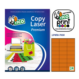 ETICHETTA ADESIVA LP4F - PERMANENTE - 70X36 MM - 24 ETICHETTE PER FOGLIO - ARANCIO FLUO - TICO - CONF. 70 FOGLI A4 58404